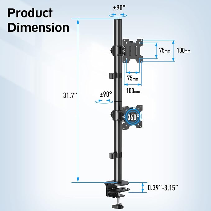 MOUNTUP Dual Monitor Stand, Vertical Monitor Mount for 2 Max 32 inch Stack Screen Monitors, Height Adjustable, Swivel, Tilt Monitor Desk Mount with C Clamp Grommet Base, Home Office - Image 6