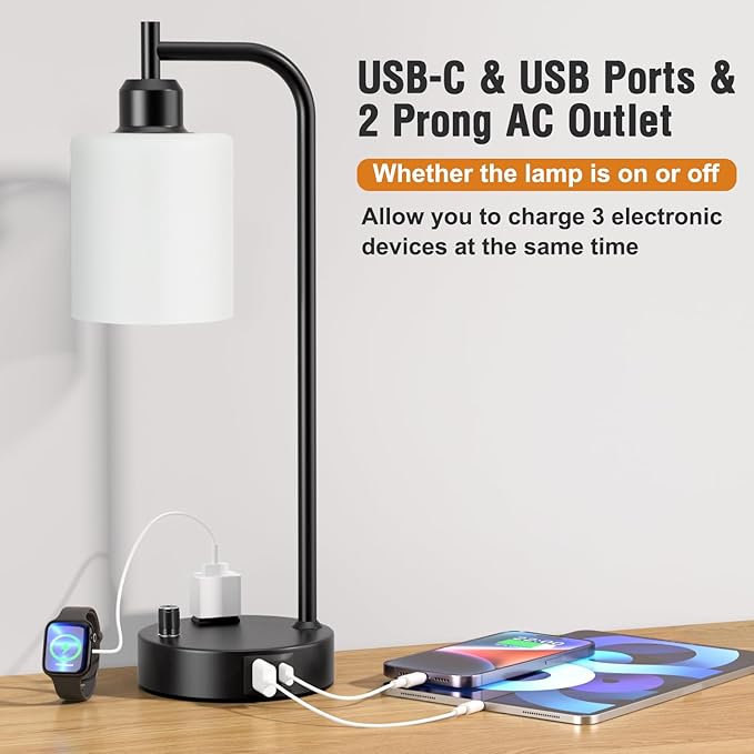 Industrial Bedroom Lamps for Nightstand Set of 2 - Fully Dimmable Bedside Lamps with USB A C Ports and Outlet, Black Table Lamps with Opal Glass Shade for Living Room, Desk Lamps for Office Reading - Image 4