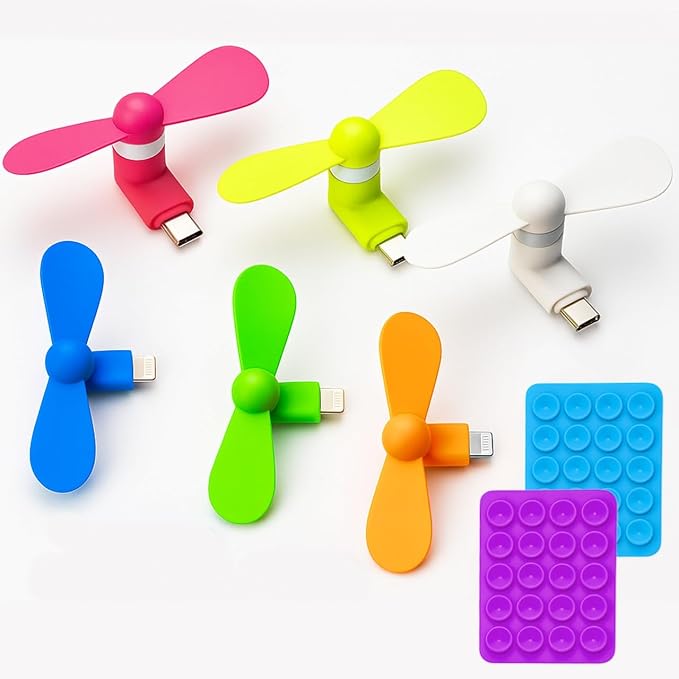 Mini Cell Phone Fan for Hot Flashes, Colorful & Powerful Fans Compatible with iPhone, iPad, Android Smartphones & Tablets, USB C Mobile Accessories, 3 iOS + 3 Type C + 2 Silicone Suction Cup Mount by Unknown