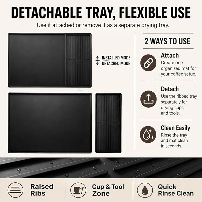 Silicone Coffee Mat 24 x 16 in with Tray, Classic Black | Coffee bar mat for countertop use, coffee station mat or coffee machine mat with removable tray and 0.47 in raised rim. - Image 8