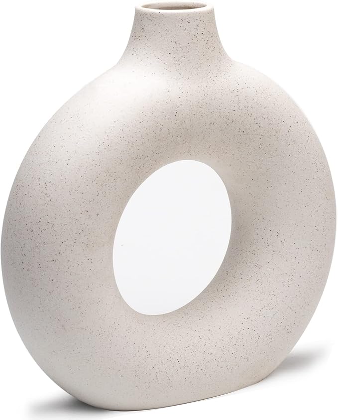 CEMABT White Donut Vase Hollow Ceramic Vase for Flowers Handmade Minimalist Boho ins Style Modern Home Decor for Wedding Dinner Table Party Living Room Office Bedroom(M) - Image 7