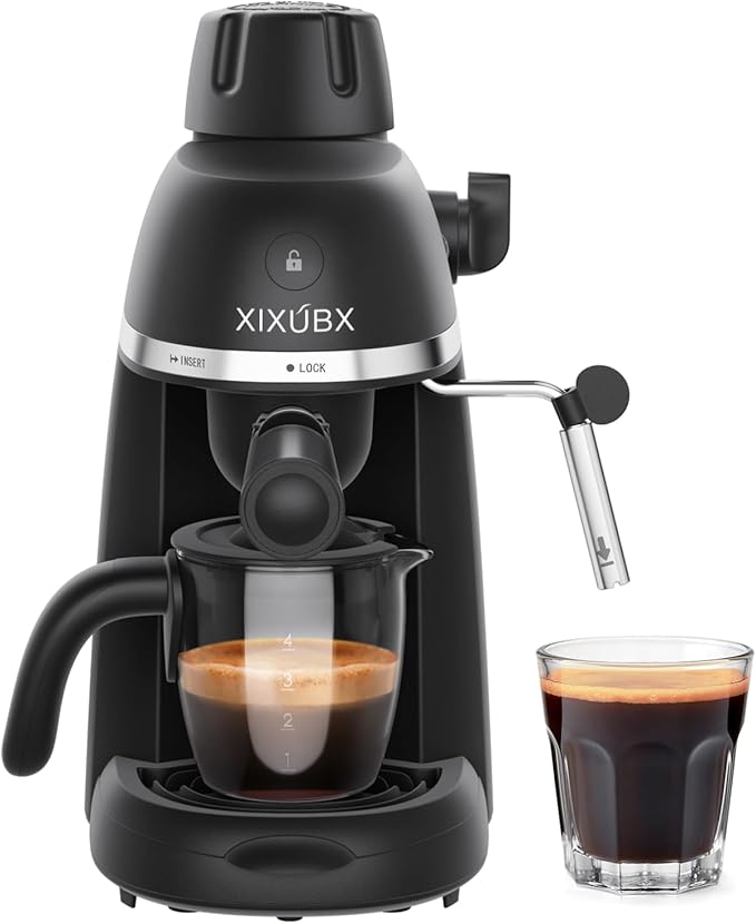 XIXUBX Compact Espresso & Cappuccino Machine, 3.5 Bar with Steam Wand | 800W Fast Heating, Safety Lock & Tritan Cup, One-Touch 4-Cup Brewing & Powerful Steam for Latte, Black for Home & Office by XIXUBX