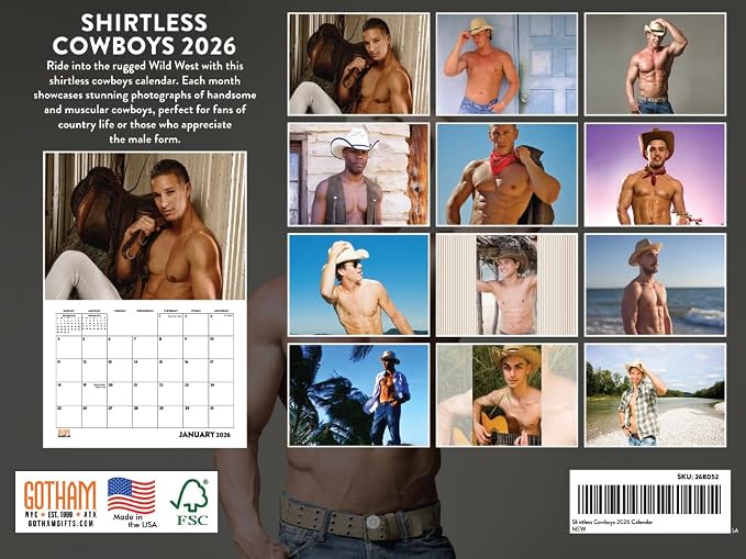 Sexy Cowboy Calendar 2026 Shirtless Men Monthly Wall Calender 12 Month | American Made In The USA - Image 2