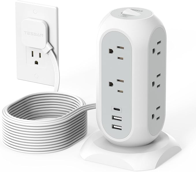 TESSAN Tower Power Strip Flat Plug with 1050J Surge Protection, 15 Ft, Grey | 11 Outlets 3 USB (1 USB C), Surge Protector Power Tower, Extension Cord with Multiple Outlets, Dorm, Office Desk Supplies by TESSAN