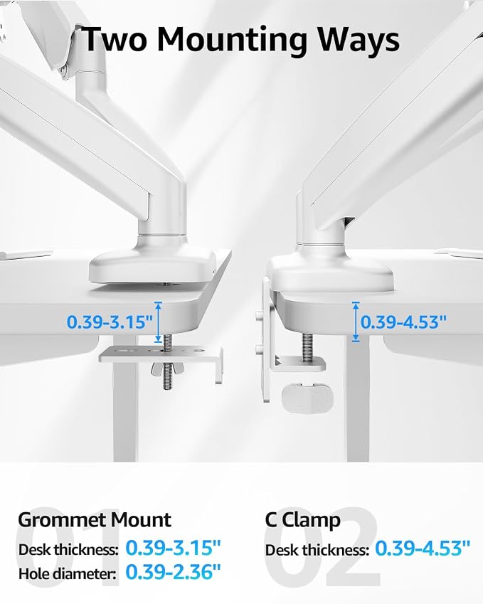MOUNTUP Dual Monitor Stand for Desk, Monitor Arms for 2 Monitors Max 32 Inches, Height Adjustable Double Monitor Mount, VESA Mount with C-Clamp & Grommet Base, Holds 4.4-17.6lbs, White - Image 7