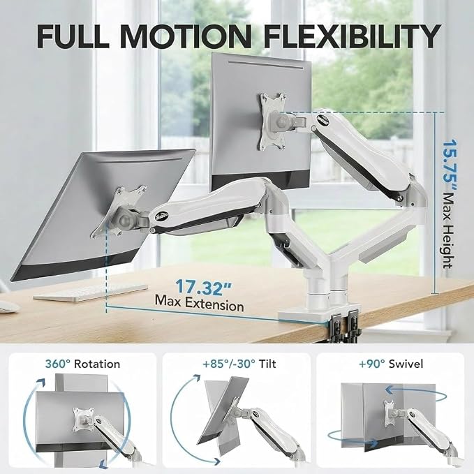 HUANUO Dual Monitor Stand - Full Adjustable Monitor Desk Mount Swivel Vesa Bracket with C Clamp, Grommet Mounting Base for 13 to 32 Inch Computer Screens - Each Arm Holds 4.4 to 19.8lbs - White - Image 3