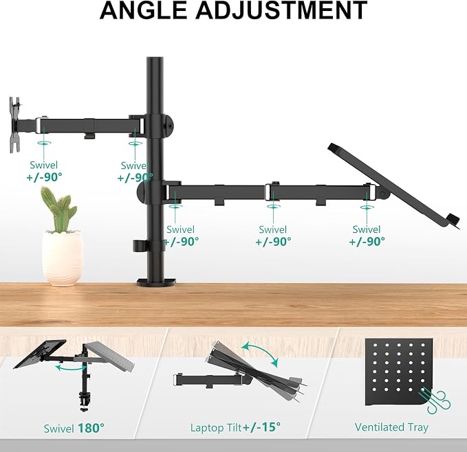 WALI Dual Arm Laptop and Monitor Desk Mount for 17" Notebook and Up to 27" Screen, Fully Adjustable Monitor Arm with Laptop Tray, VESA 75x75 100x100, Holds up to 22 lbs, Black (M001LP) - Image 2
