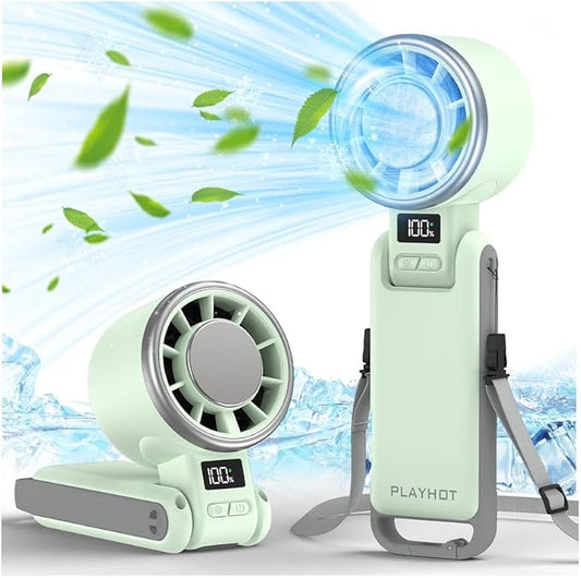 PlayHot Upgraded Portable Handheld Fan with 60°F Ice Cooling, Up tp 12Hrs Hand Held Portables Fans, 5 Speed 25550RPM Powerful Portable Fan Handheld, Hand/Neck/Desk Fan 3 IN 1(Green) by PlayHot-CoolSummer