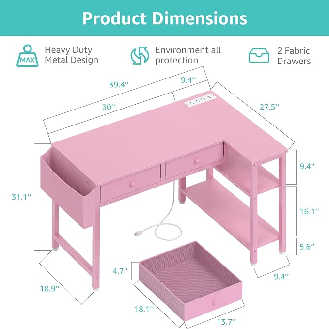 DLisiting Pink Reversible L Shaped Desk with Drawers and Shelves, Small Kids Study Vanity PC Computer Desk with Storage for Girls, Corner L-Shaped Desks for Small Space Bedroom - Image 3