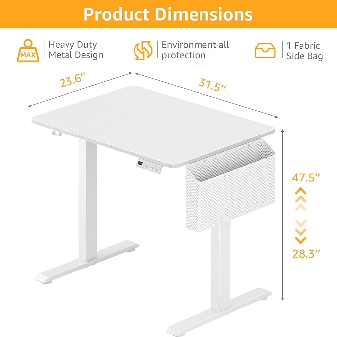 KLUVIS White Electric Standing Desk - 32 Inch Small Adjustable Height Stand up Desk for Writing Study Work, Mini Sit to Stand Desks Workstation for Small Space Adult Boys Girls Bedroom Home Office - Image 3