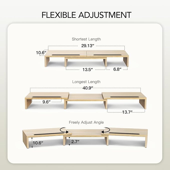 AMERIERGO Dual Monitor Stand Riser- 3 Shelf Screen Stand with Adjustable Length and Angle, 2 Extra Functional Slot Desktop Organizer Stand for PC, Computer, Laptop (Light Wood) - Image 2