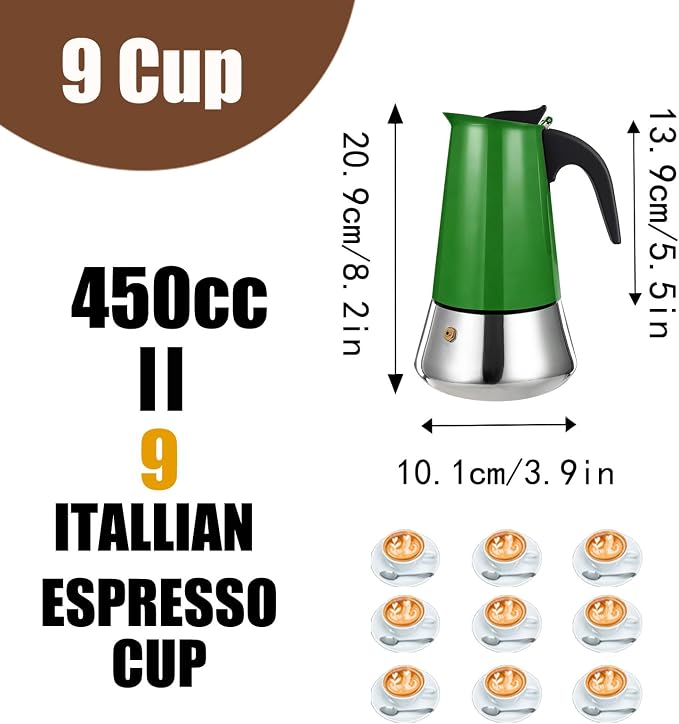 9 Cup Stovetop Espresso Maker Stainless Steel Moka Pot Stove Top Percolator Italian Coffee Makers Capable Mocha Greca Machine Cafe Classic Induction Cookers for Home and Camping 450ml 15oz - Image 3