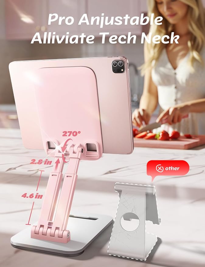 LISEN for iPad Stand Adjustable Tablet Holder Desk, iPad Accessories Pink | Foldable eBook Readers Desk Accessories Fits Kindle Stand 4-15.9" - Image 4