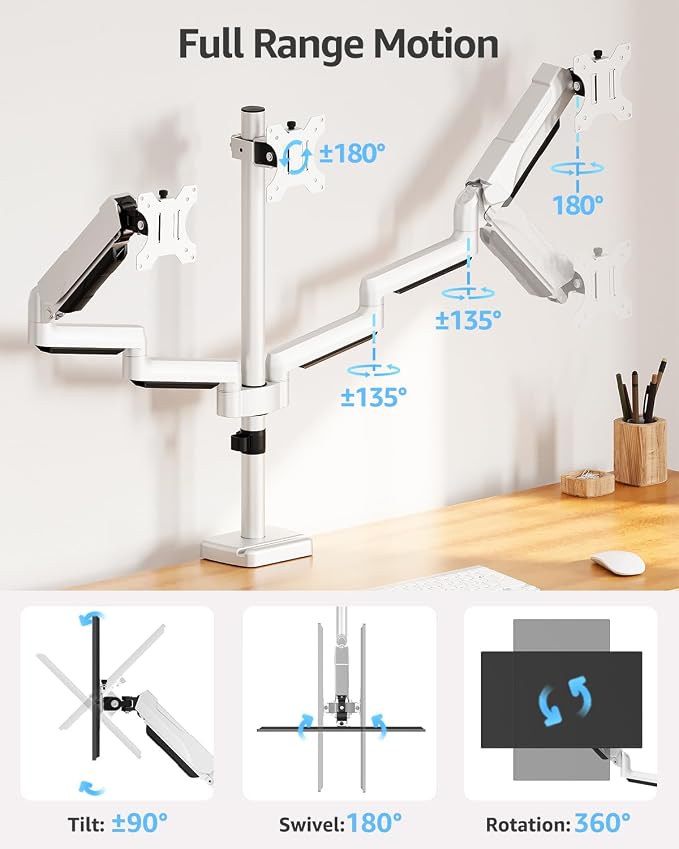 MOUNTUP Triple Monitor Stand Mount - 3 Monitors Desk Mount for Computer Screens Up to 27 inch, Triple Monitor Arm, Heavy Duty Monitors Stand, Each Arm Holds 4.4-19.8 lbs, White - Image 4