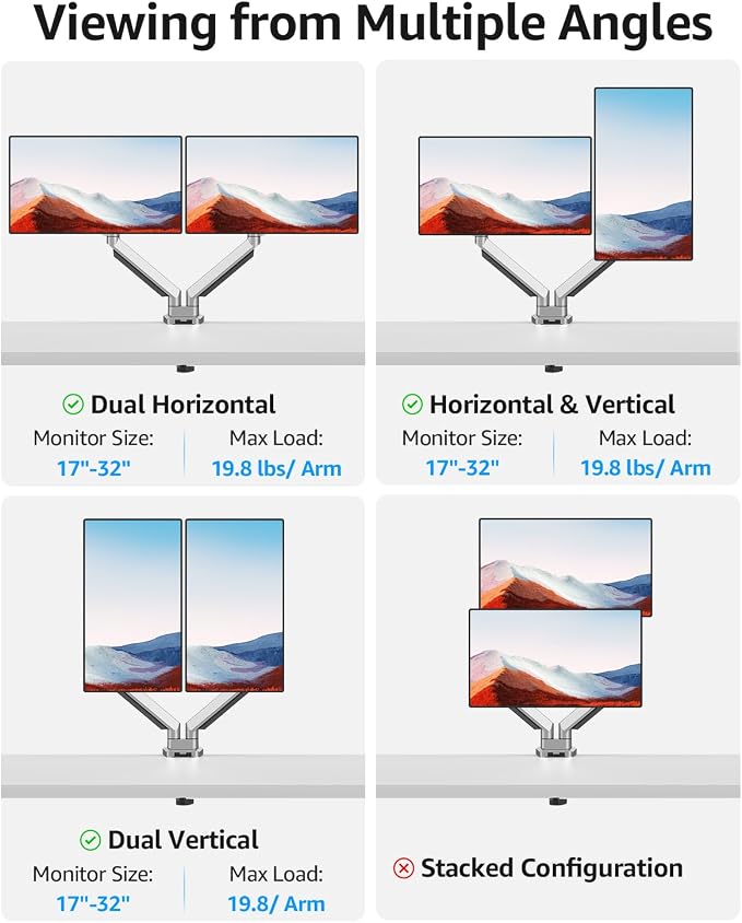 MOUNTUP Dual Monitor Desk Mount, Die-Cast Aluminum Fully Adjustable Double Monitor Arm, Computer Monitor Stand Fits 2 Screen 17 to 32 inch - Each Arm Holds 4.4-19.8LBS - Image 5