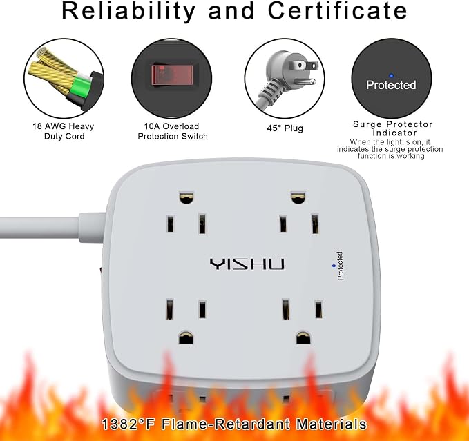 6 Ft Surge Protector Power Strip - 8 Widely Outlets with 4 USB Ports, 3 Side Outlet Extender with 6 Feet Extension Cord, Flat Plug, Wall Mount, Desk USB Charging Station, ETL, Grey - Image 6