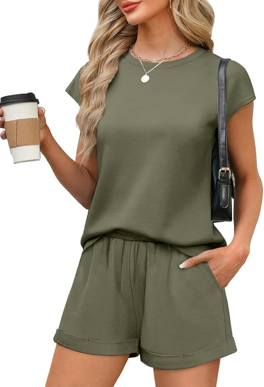 WIHOLL 2 Piece Sets for Women Casual Summer Travel Vacation Outfits Cap Sleeve Shorts Lounge Set by WIHOLL