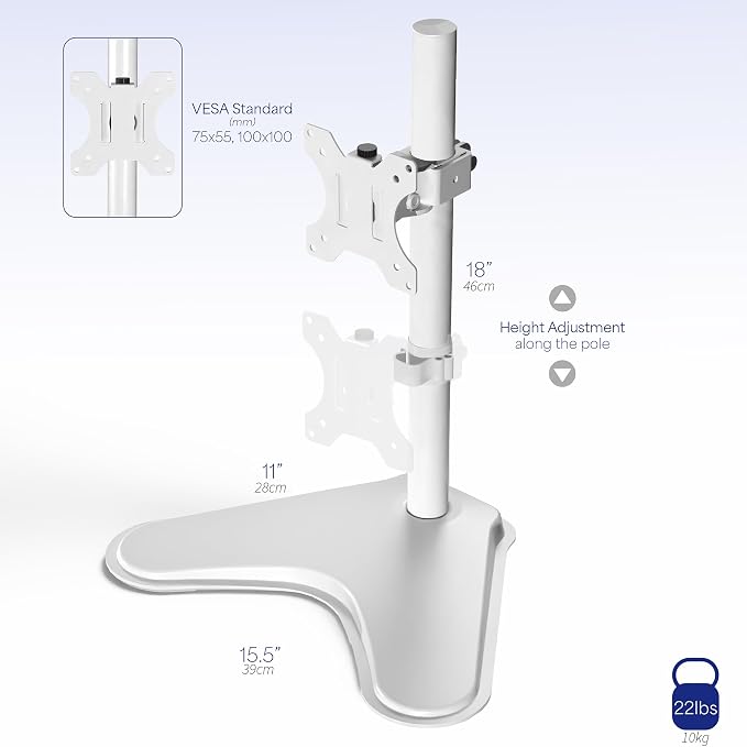 VIVO Single Monitor Desk Stand, Holds Screens up to 32 inch Regular and 38 inch Ultrawide, Freestanding VESA Steel Mount Base, Adjustable Height, Tilt, Swivel, Rotation, White, STAND-V001HW - Image 3