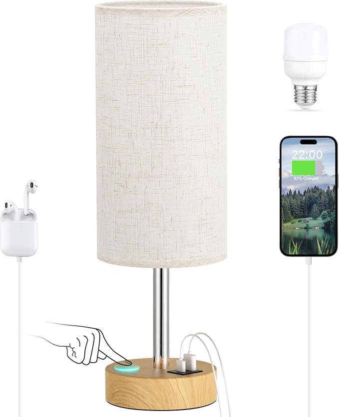 Dicoool Bedside Table Lamp for Bedroom - 3-Way Dimmable Touch Lamp, USB A+C | LED Bulb Included, 14" Small Nightstand Lamp for Desk, Living Room, Guest Room, Cream Fabric Lampshade, Wood-Grain Metal Base - Image 7