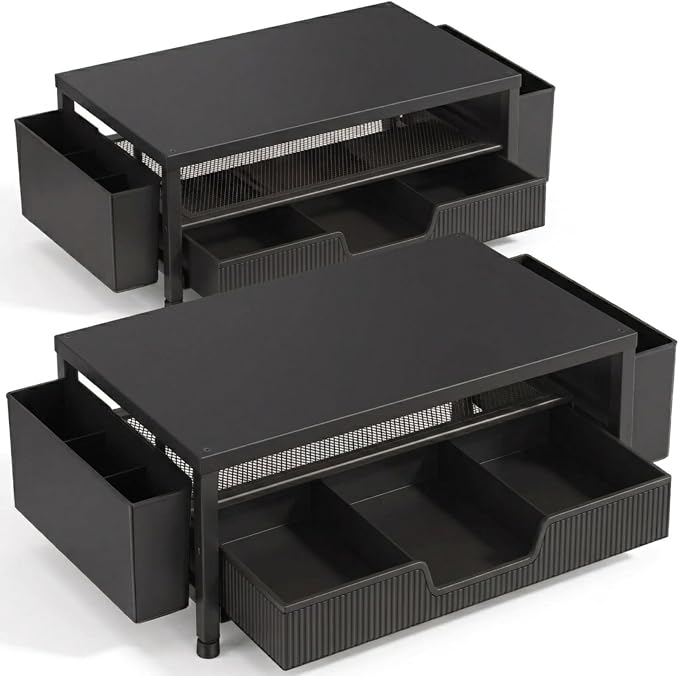 ECOLOVI Desk Organizer and Accessories, 2-Tier Computer Monitor Stand Rise with Storage Drawer & 2 Pen Holders, Laptop & Printer Stand for Desktop, Workspace Organizers for Office Supplies (Black 2-Pack)) by ECOLOVI