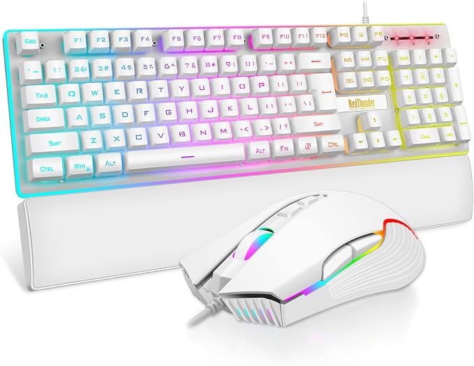 RedThunder K10 Wired Gaming Keyboard and Mouse and Wrist Rest Combo, RGB Backlit, Mechanical Feel Anti-ghosting Keyboard + 7D 7200 DPI Mice+Soft Leather Wrist Rest 3 in 1 PC Gamer Accessories(White) by RedThunder