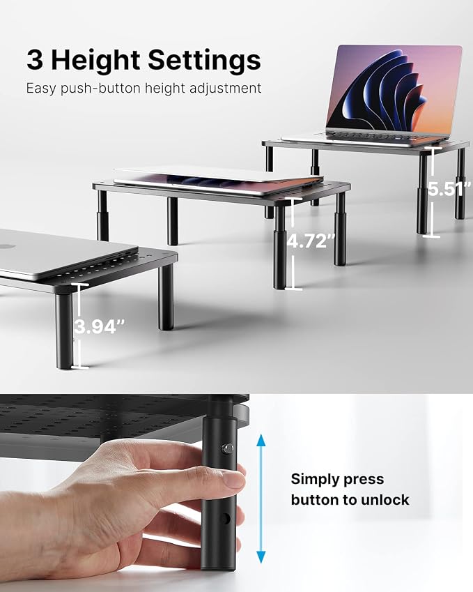 HUANUO Monitor Stand, Monitor Stand Riser 3 Height Adjustable, Monitor Riser with Airflow Vents, Laptop Stand for Desk, Laptop Riser, Desk Organizer for Monitor, Laptop, PC, Printer - Image 3