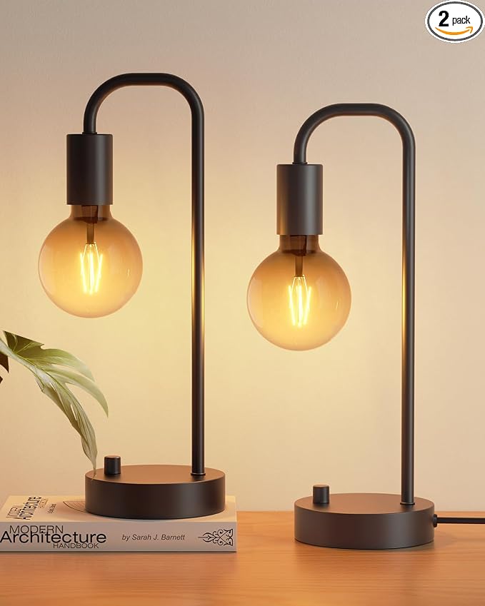 ONEWISH Industrial Table Lamp Set of 2, Fully Dimmable Beside Lamp with Gradient Black Art LED Bulb, Modern Nightstand Desk Lamps for Bedroom, Living Room, Office, Reading(Bulb Included) by onewish
