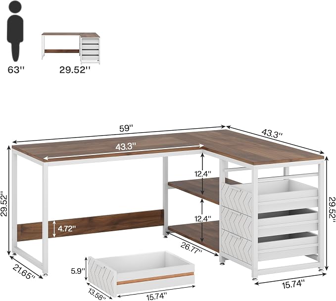 Tribesigns L Shaped Computer Desk with Storage Drawers, 59 inch Corner Desk with Shelves, Reversible L-Shaped Office Desk Study Writing Table Workstation for Home Office, Walnut & White - Image 2