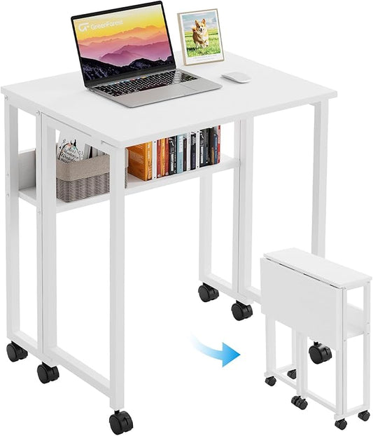 GreenForest Folding Desk with Wheels, 24.8" Rolling Table for Small Spaces | Storage Shelf, Lockable Casters, Compact Portable Workstation, Space-Saving Foldable Sofa Table, Home Office, Mobile, White by GreenForest