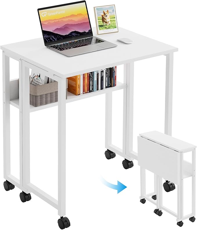 GreenForest Folding Desk with Wheels, 31.5" Rolling Table for Small Spaces | Storage Shelf, Lockable Casters, Compact Portable Workstation, Space-Saving Foldable Sofa Table, Home Office, Mobile, White by GreenForest