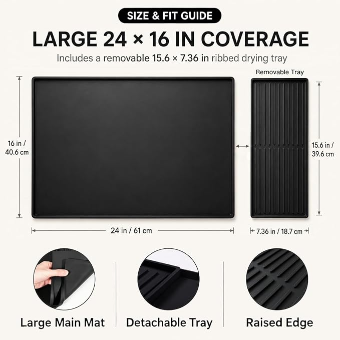 Silicone Coffee Mat 24 x 16 in with Tray, Classic Black | Coffee bar mat for countertop use, coffee station mat or coffee machine mat with removable tray and 0.47 in raised rim. - Image 3