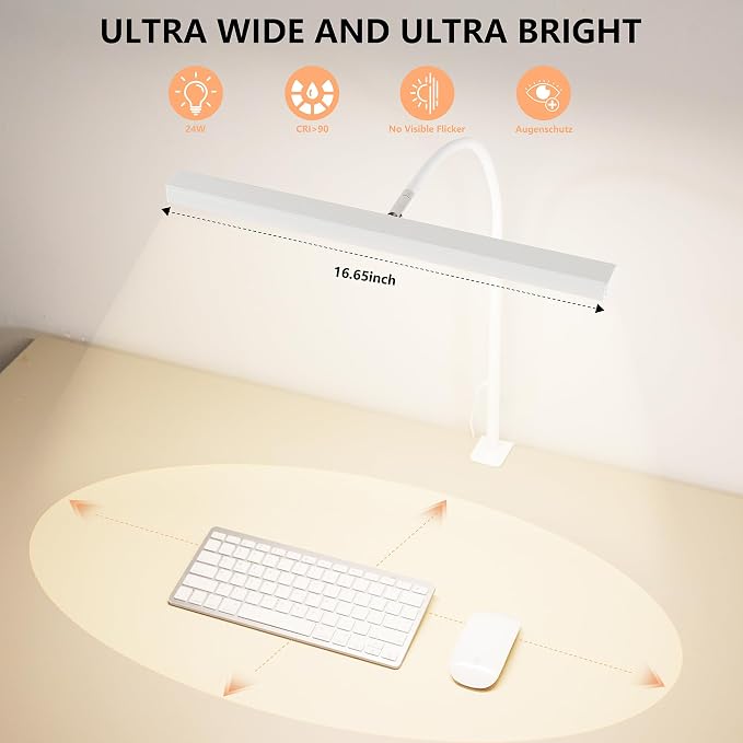LED Desk Lamp for Office Home, Adjustable Flexible Eye-Caring Desk Light with,5 Modes 10 Brightness Adjustment, USB Adapter Desk Lamp with Clamp-T-W - Image 4