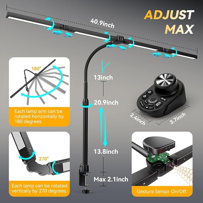 Adjustable LED Desk Lamp with Clamp, 4-Head Eye-Caring CRI95+ Desk Light, Stepless Dimming & Color Temp Remote Control, Flexible Neck, 5-Mode for Reading, Computer, Crafting, 90" Wide Desk Coverage - Image 3