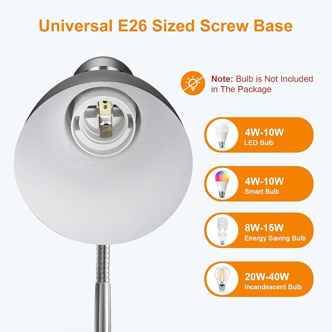 LEPOWER Metal Desk Lamp, Adjustable GooseNeck Reading Light for Bedroom | Compact & Sturdy, Space-Saving for Bedside & Dorm, E26 Table Lamp, Eye-Caring, Ideal for Study, Office, Back to School - Image 5