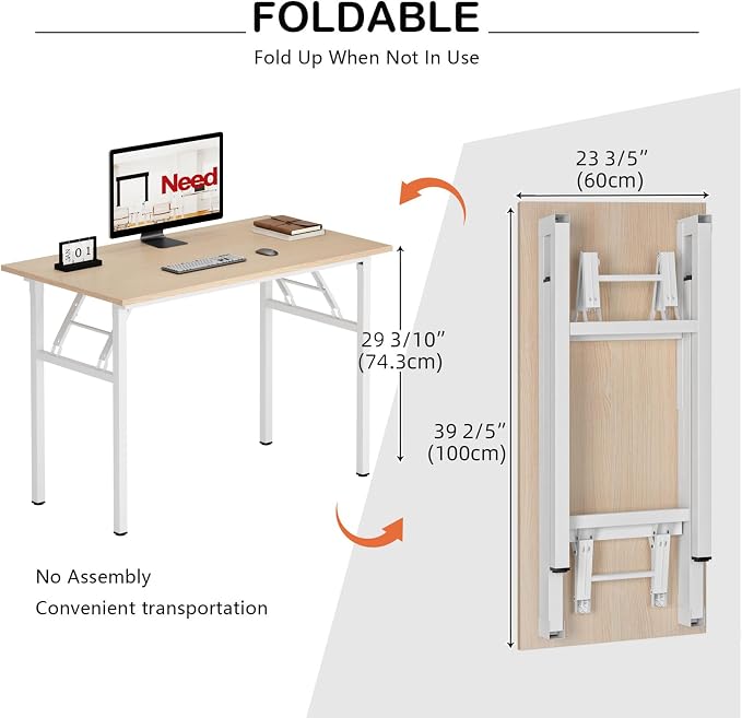Need Office Computer Desk 39.3 Inch Sturdy Folding Laptop Table Pink Oak | White Frame Writing Gaming Work Table/Foldable Home Office Desk/Sewing Table, No Assembly Required - Image 3
