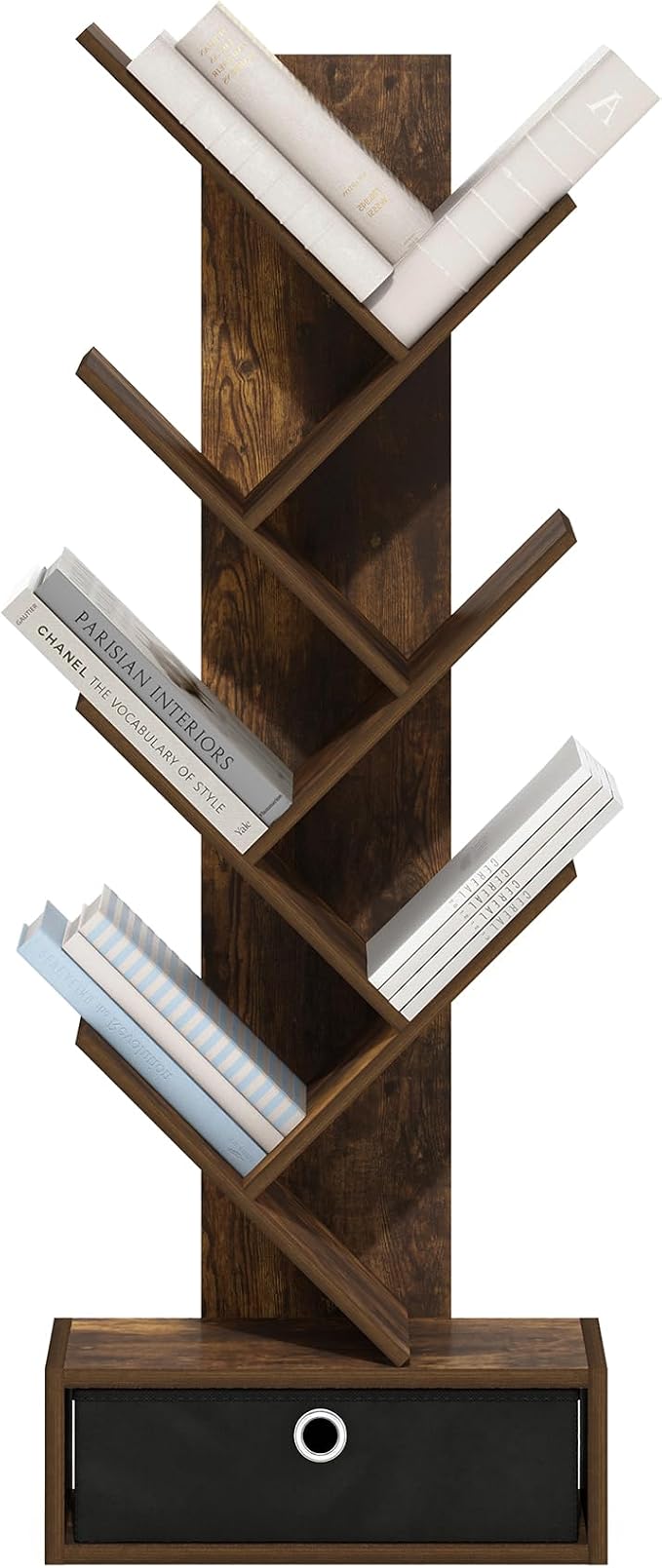 Furinno Tree Book Shelf, 7-Tier Bookshelf, Tree Bookcase with Bin Drawer, 8.4 x 16.9 x 46.2, for Living Room, Bedroom, Home Office, Amber Pine/Black - Image 4