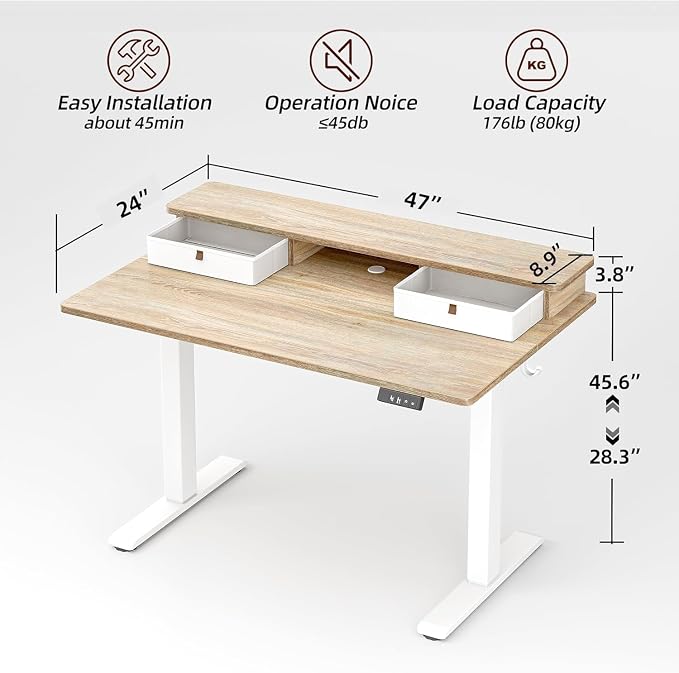 TIQLAB Standing Desk with Two Drawers, Stand Up Standing Desk Adjustable Height, Electric Sit Stand Table with Storage Shelf and Splice Board, 48 * 24 inch, Maple - Image 3
