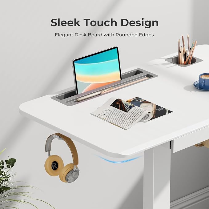 28" Mobile Standing Desk with Drawer, Portable Laptop Desk | Rolling Desk with Cup Holder & Hooks, Height Adjustable Computer Cart on Wheels for Classroom, Study Desk with Storage, White - Image 8