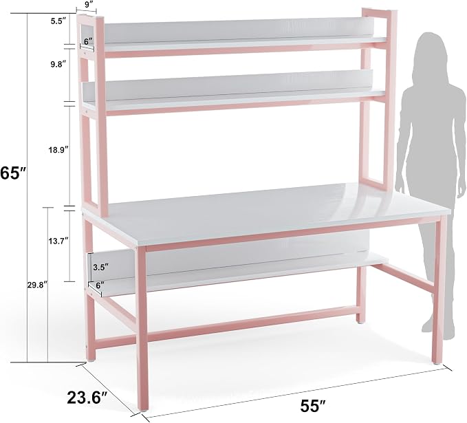 Aquzee Pink Girls Desk with Hutch, 55in Computer Desk with Bookshelf for Teens Adults, Craft Table for Bedroom Kids Room, White Pink Study Table with Shelves for Storage - Image 3