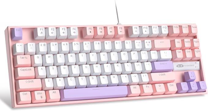 MageGee 75% Mechanical Gaming Keyboard, Red Switch, LED Blue Backlit, 87 Keys Compact TKL Wired Computer Keyboards for Windows Laptop PC Gamer - White/Pink by MageGee