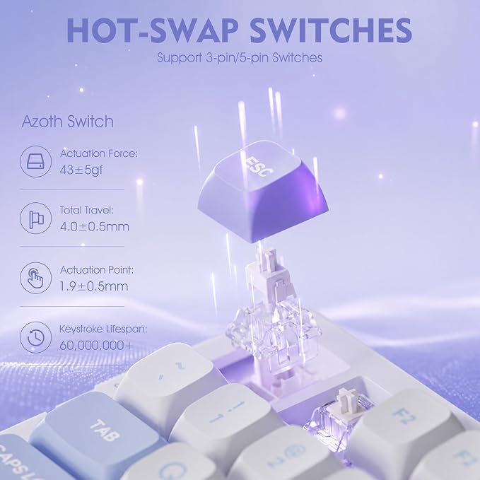 VGN V98ProV3 Gaming Keyboard, Tri-Mode Wireless Custom Mechanical Keyboard | Hot Swappable Gasket Keyboard , Bluetooth 2.4G USB-C, RGB Backlit Computer Keyboards for PC Mac, Pre-lubed Cow Switch, Purple - Image 4