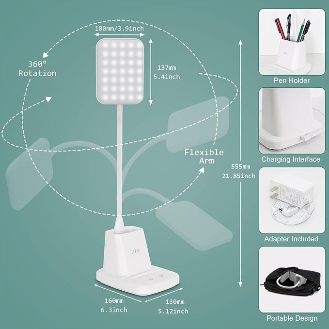 LED Desk Lamp with 10W Wireless Charging & Pen Holder, Snow White | CRI 95, 800LM, Stepless Dimming, 3 Modes, 360°Flexible Arm, Touch, Study Table Lamp for Home Office, Dorm Room, with Adapter - Image 6