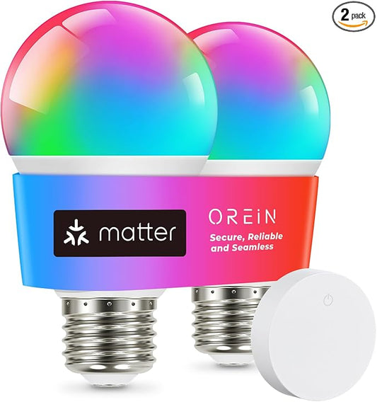 OREiN Matter Smart Light Bulb, Smart Light Bulbs with Remote Control Work with Apple Home, Alexa, Google Home, SmartThings, Color Changing Light Bulbs 2.4Ghz WiFi, 800 Lumens Equivalent 60W 2Pack by OREiN