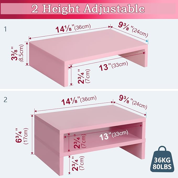 TEAMIX Pink Monitor Stand Riser-2 Pack,Wood 2 Tier Adjustable Monitor Stand Dual Monitor Riser for 2 Monitors/Laptop/PC Computer Stand for Desk - Image 4