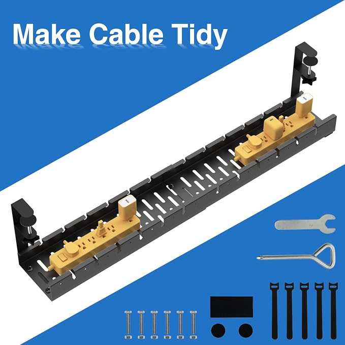 No Drilling Extendable Under Desk Cable Management, Metal Cable Management Tray Under Desk with Clamp, Retractable Power Strip Cord Holder for Wire Management 31Inch(1 Pack Black Extendable 31') - Image 7