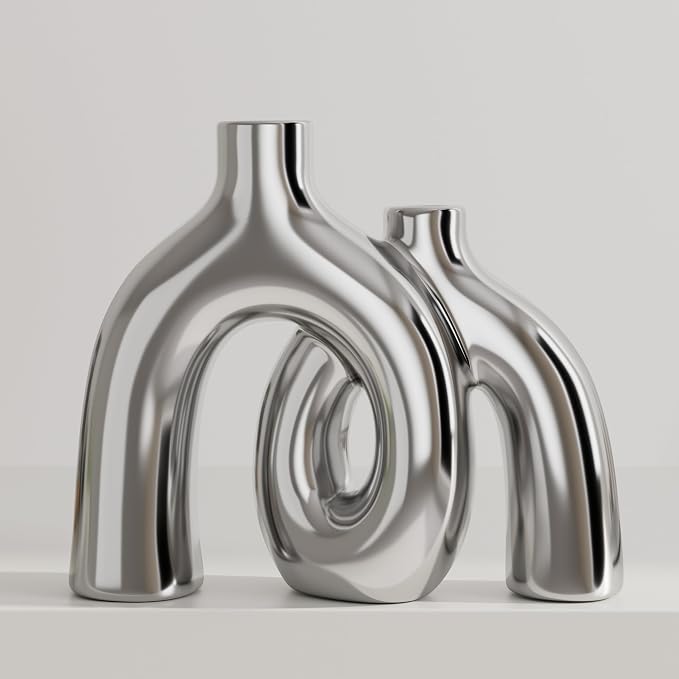 Hug Donut Decorative Vase Set - Silver Vase, Modern Nordic Boho Style Vases Home Decor, Matte Ceramic Decorations for Living Room Shelf, Bookshelf Mantle Entryway Table or Console Décor (Silver) by Jonronboci