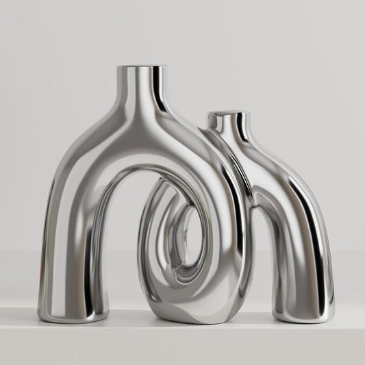 Hug Donut Decorative Vase Set - Silver Vase, Modern Nordic Boho Style Vases Home Decor, Matte Ceramic Decorations for Living Room Shelf, Bookshelf Mantle Entryway Table or Console Décor (Silver) by Jonronboci