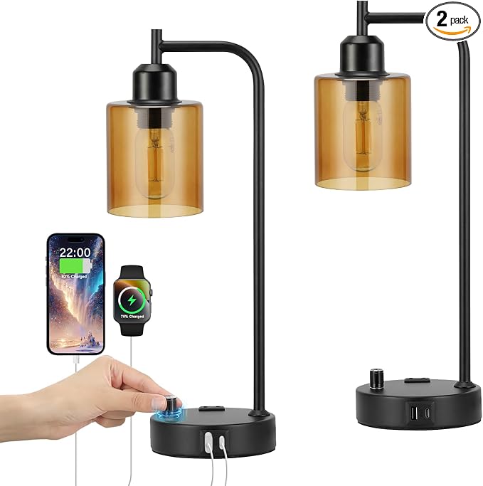 Industrial Bedside Lamps for Nightstand Set of 2 - Fully Dimmable Bedroom Lamps with USB A C Ports and Outlet, Black Table Lamps with Amber Glass Shade for Living Room, Desk Lamps for Office Reading by Innqoo