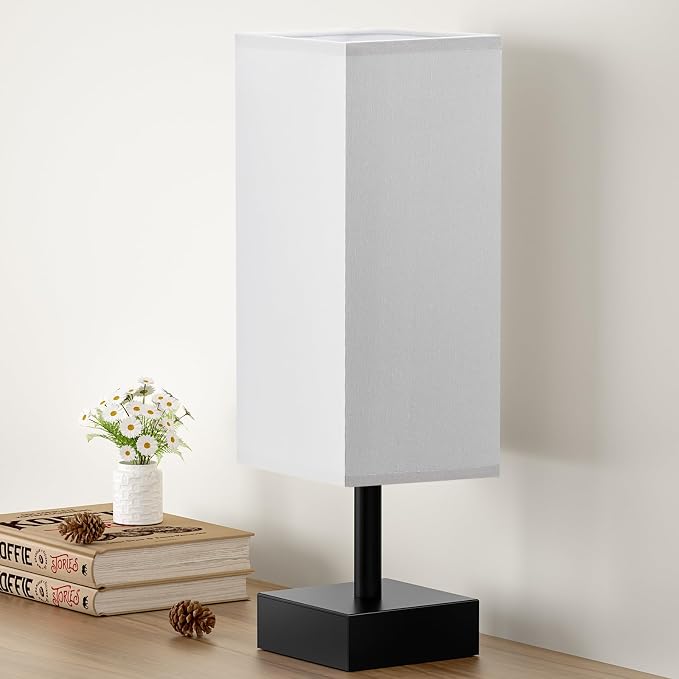 aooshine Small Bedside Table Lamp for Bedroom - Square Grey Fabric Shade | Inline Rocker Switch, Corded Electric, Bulb Not Included, 12.8" Mini Table Lamp for Nightstand, Desk, Dorm, Office by Aooshine