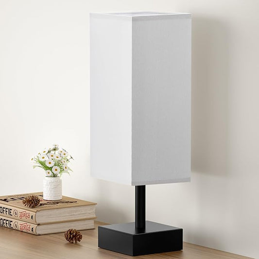 aooshine Small Bedside Table Lamp for Bedroom - Square Grey Fabric Shade | Inline Rocker Switch, Corded Electric, Bulb Not Included, 12.8" Mini Table Lamp for Nightstand, Desk, Dorm, Office by Aooshine
